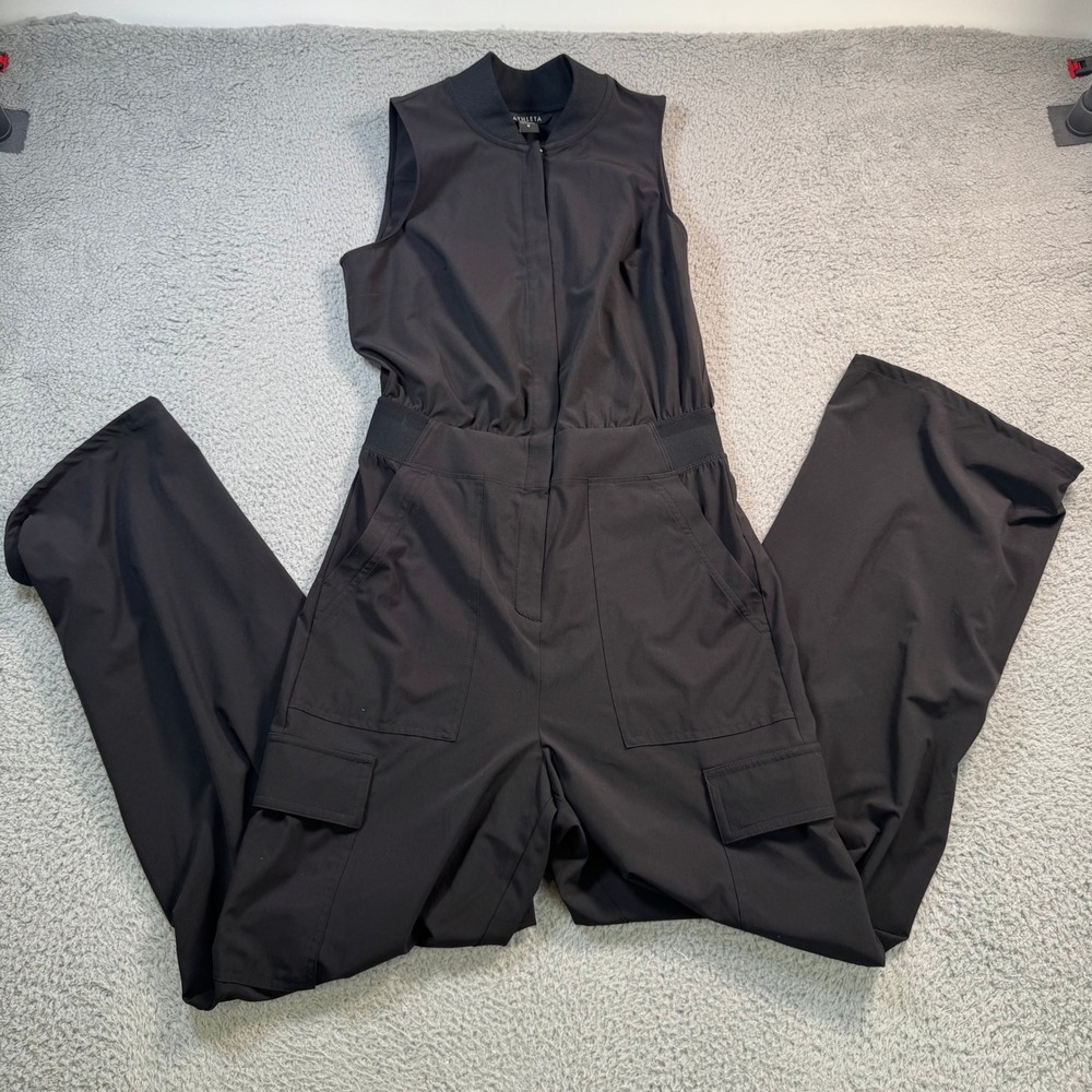 Athleta Womens Black Sleeveless Cargo Wide Leg Jumpsuit Size 0 Mock Neck Zip